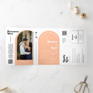Invitation Trois Volets Peach Retro Boho Arch Photo QR Code Mariage