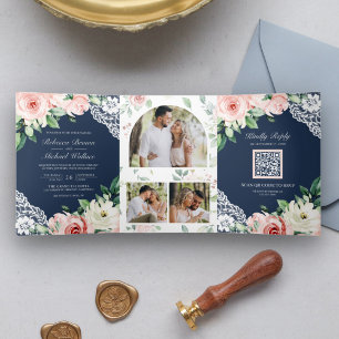 Invitation Trois Volets Peach Russe dentelle florale marine bleu QR Code M