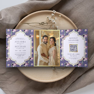 Invitation Trois Volets Périwinkkle motif floral QR Code Mariage indien