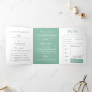 Invitation Trois Volets Petit coeur blanc vert Sage mariage tout-en-un