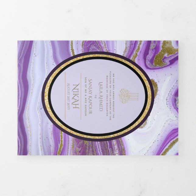 Invitation Trois Volets Pg NIKAH WALIMA Marbre d'or violet Parties scintil (Page de couverture)