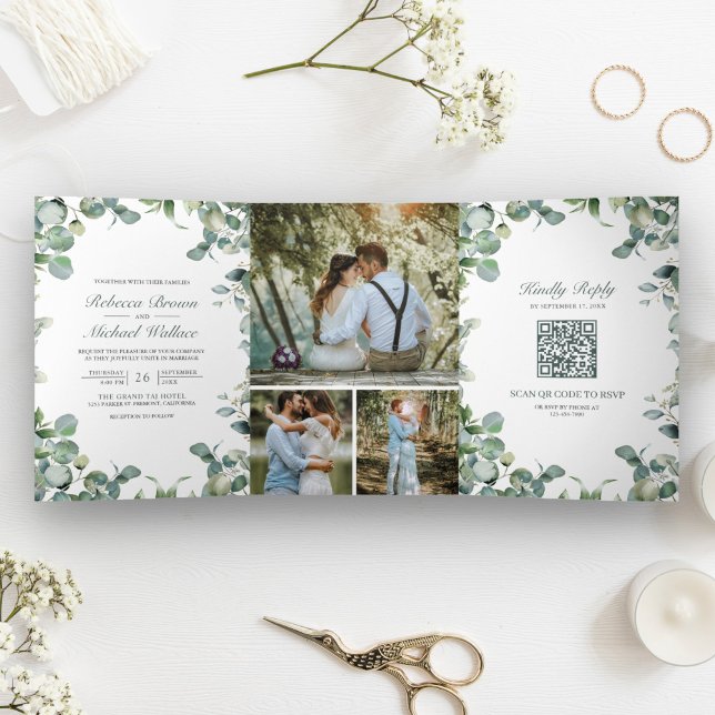 Invitation Trois Volets Photo Collage Eucalyptus moderne QR Code Mariage (Créateur téléchargé)