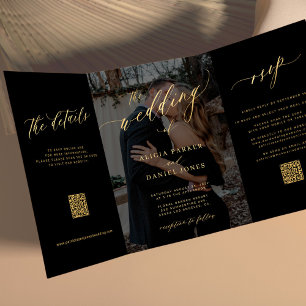 Invitation Trois Volets Photo couverture or noir RSVP détails QR mariage