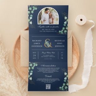 Invitation Trois Volets Photo d'arche d'eucalyptus Code QR bleu marine Mar