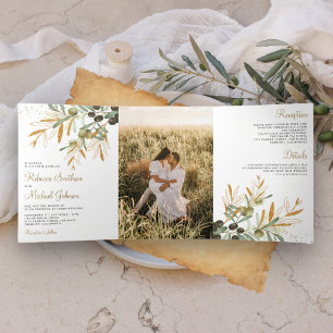 Invitation Trois Volets Photo de branche de feuilles d'olive Or Vert Maria