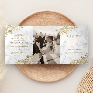 Invitation Trois Volets Photo de mariage à dentelle dorée et marbre blanc