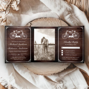 Invitation Trois Volets Photo de mariage de bicyclette tandem en bois rust