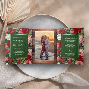 Invitation Trois Volets Photo de mariage de roses rouges romantiques rusti