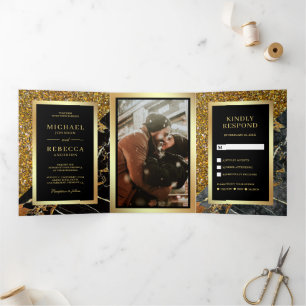 Invitation Trois Volets Photo de mariage en marbre noir avec paillettes do