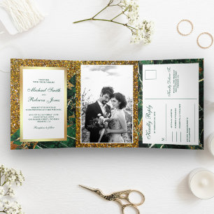 Invitation Trois Volets Photo de mariage en marbre vert émeraude avec pail