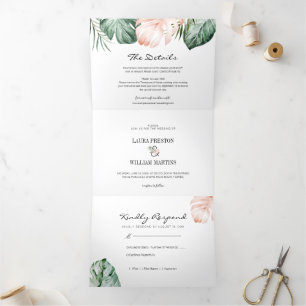 Invitation Trois Volets Photo de Mariage Feuille tropical avec détails RSV