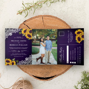 Invitation Trois Volets Photo de mariage tournesol bois lace violet foncé