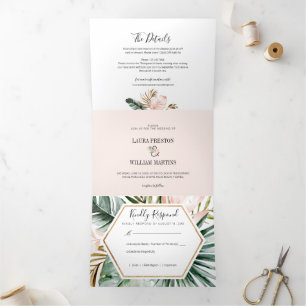 Invitation Trois Volets Photo d'un Mariage Feuille tropical avec détails R
