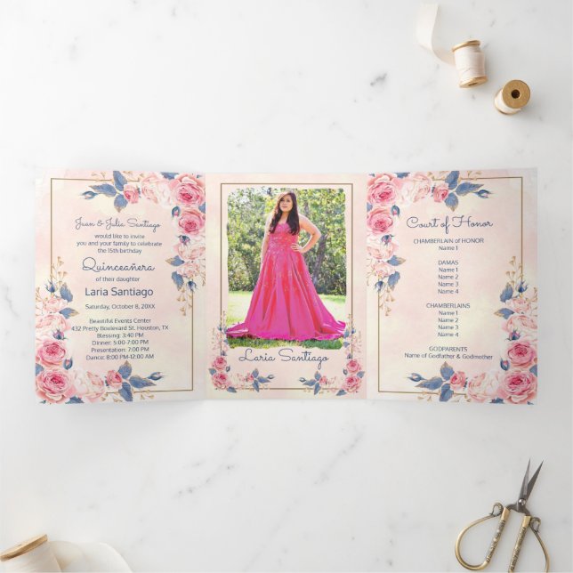 Invitation Trois Volets Photo Espagnol bleu rose Roses Quinceanera (Intérieur)