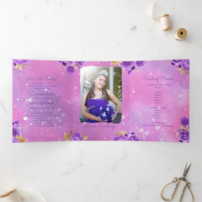 Invitation Trois Volets Photo Espagnol Couleur rose Quinceanera (Intérieur)