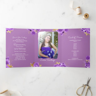 Invitation Trois Volets Photo Espagnol rose et violet Rose Quinceanera
