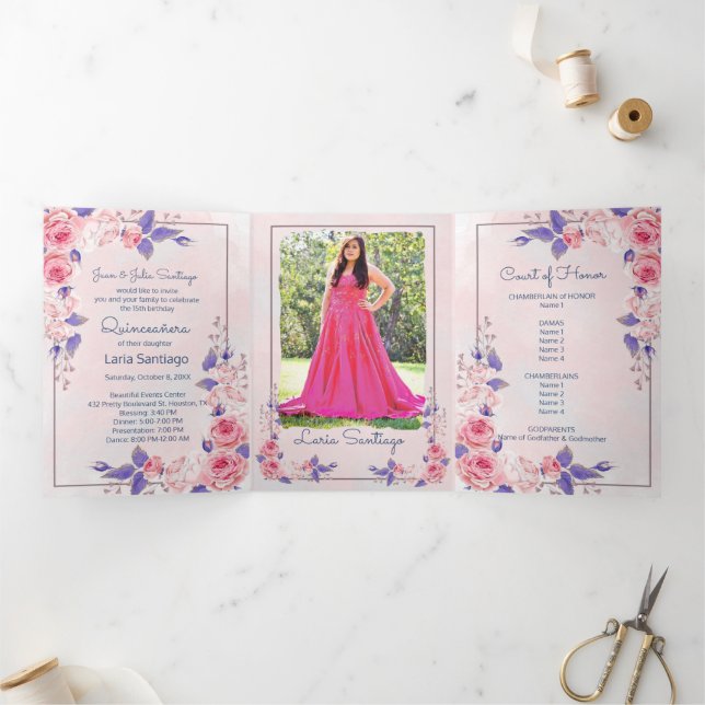Invitation Trois Volets Photo Espagnol rose et violet Rose Quinceanera (Intérieur)