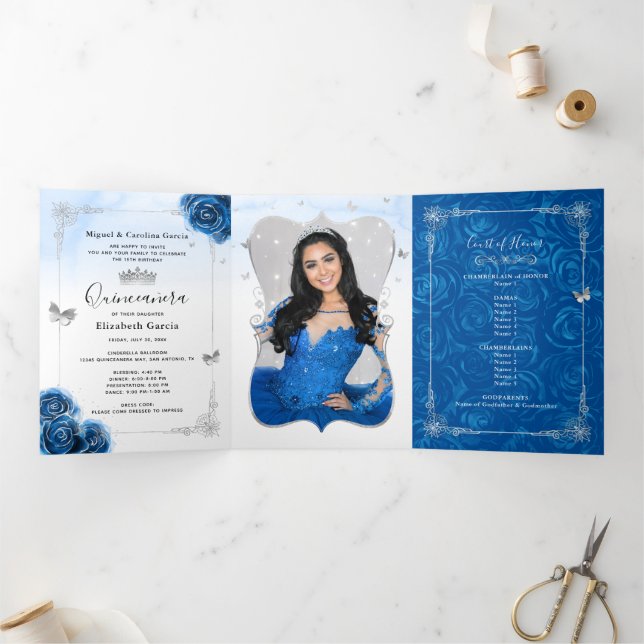 Invitation Trois Volets Photo espagnole Silver Royal Blue Quinceanera (Intérieur)