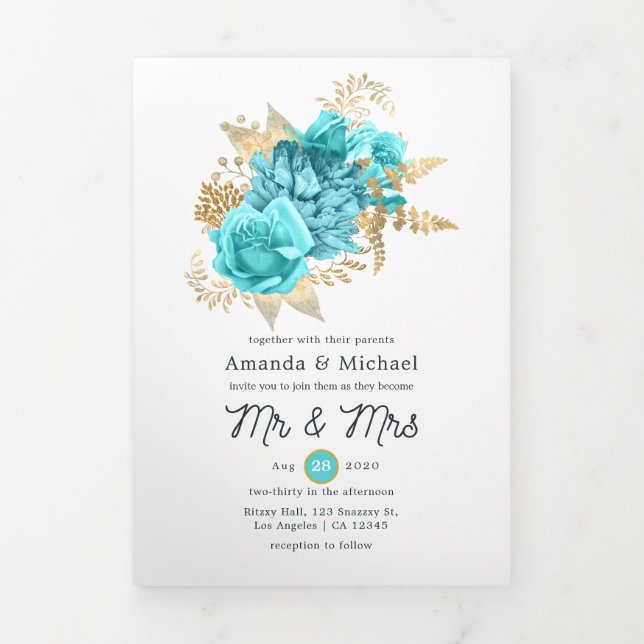 Invitation Trois Volets Photo Mariage Aqua Blue et Gold Floral (Page de couverture)