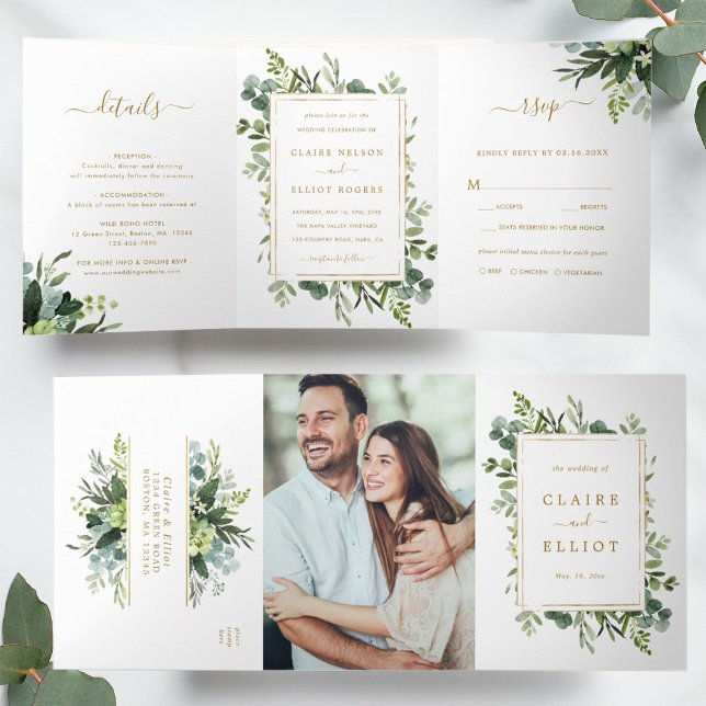 Invitation Trois Volets Photo Mariage Botanical Gold Greenery (Inside & Outside)