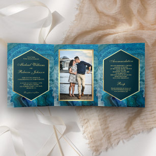 Invitation Trois Volets Photo Mariage de l'agent bleu Foil Gold