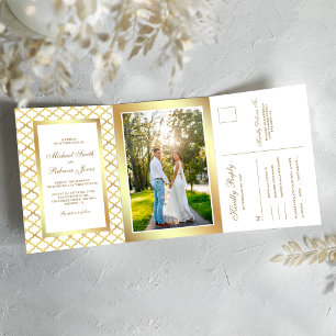 Invitation Trois Volets Photo Mariage de Quatrefoil Marocain blanc et or