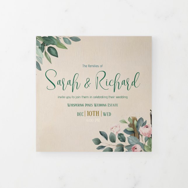 Invitation Trois Volets Photo Mariage florale Blush sur mesure (Protection)