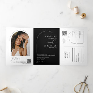Invitation Trois Volets Photo moderne Black Boho Arch Photo QR Code Mariag