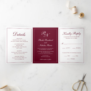 Invitation Trois Volets Photo officielle Monogramme Élégant Mariage Bourgo