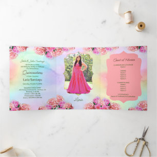 Invitation Trois Volets Photo Spanish Rose Roses Arc-en-ciel Quinceanera