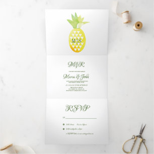 Invitation Trois Volets Pina Aquarelle Ananas Fruit Tropical Mariage