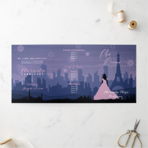 Invitation Trois Volets Pink & Slate Blue Paris Fireworks Quinceañera