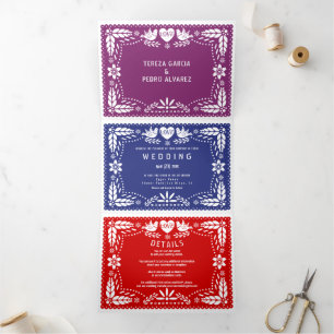 Invitation Trois Volets Pique-nique inséparable violet, rouge, bleu papel 