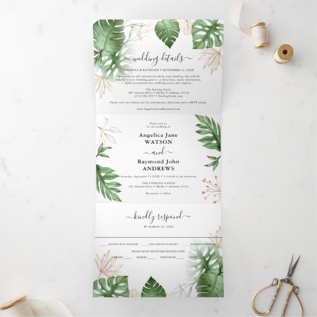 Invitation Trois Volets Plage tropicale Foliage & Gold Mariage élégant (Intérieur)