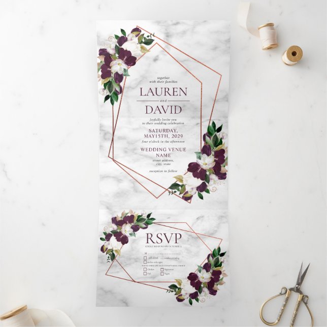 Invitation Trois Volets Plum de marbre géométrique en cuivre Bourgogne (Intérieur)