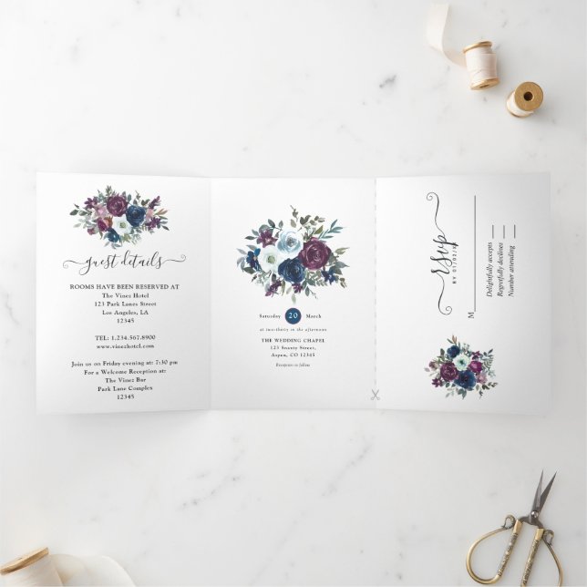 Invitation Trois Volets Plum et Mariage floral de marine (Intérieur)