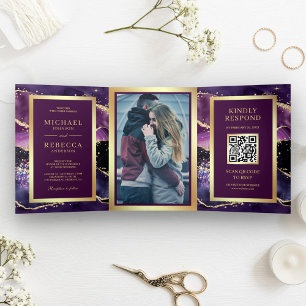 Invitation Trois Volets Plum Purple Or Agate Marbre QR Code Mariage