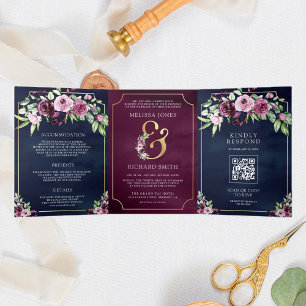 Invitation Trois Volets Plum rose Floral Ampersand Navy QR Code Mariage