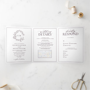 Invitation Trois Volets Plum violet poitrine feuillue Monogramme Mariage