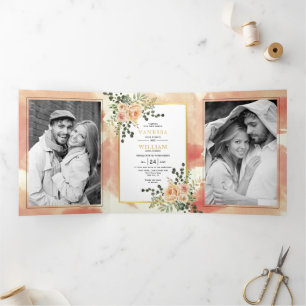 Invitation Trois Volets Pocher fleurs d'aquarelle et mariage à fleurs feui