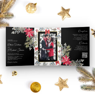 Invitation Trois Volets Poinsettia Floral QR Code Noir Mariage de Noël