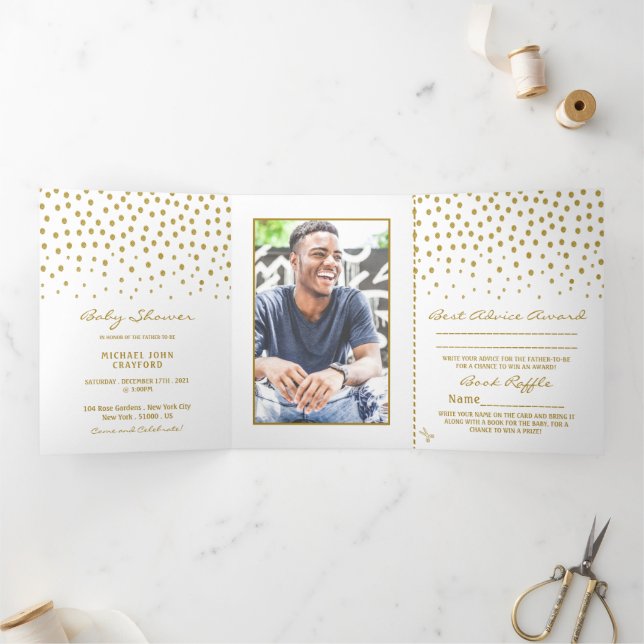 Invitation Trois Volets Point Polka blanc & or, Suite Baby shower (Intérieur)