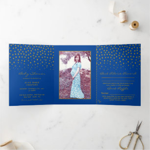 Invitation Trois Volets Point Polka bleu & or, Suite Baby shower