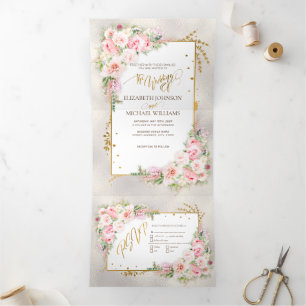 Invitation Trois Volets Pony rose Floral Gold Script & Frame