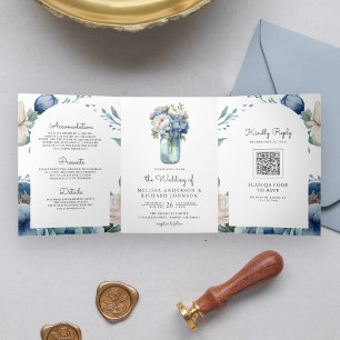 Invitation Trois Volets Pot Mason à code QR de mariage Pivoine Bleu et Bla