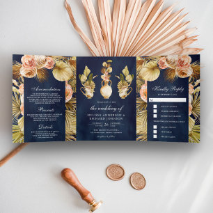 Invitation Trois Volets Pots de fleurs terreux séchés bleu marine pour mar
