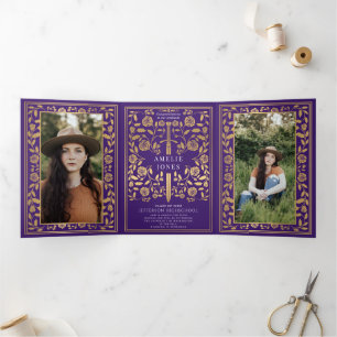 Invitation Trois Volets Purple Médiéval Épée Photo Party Graduation