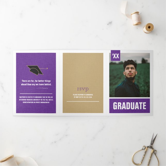Invitation Trois Volets Purple Modern Textured Photo Graduation (Extérieur)