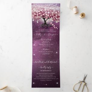 Invitation Trois Volets Purple rose Bourgogne Vin Coeur feuille Mariage