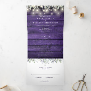 Invitation Trois Volets Purple Rustic String éclaire Floral Photo Mariage